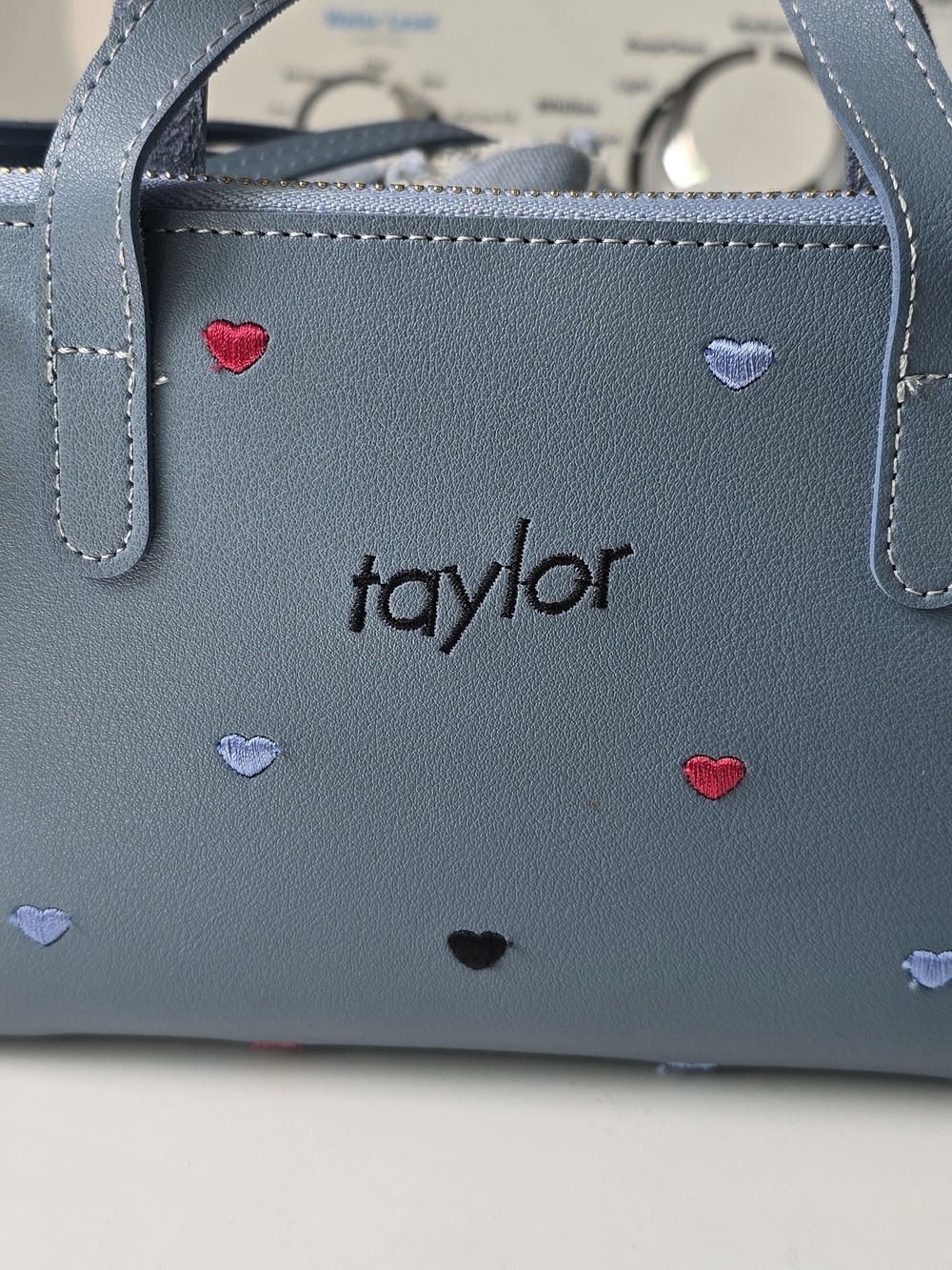 Taylor Light Blue Mini Tote with Multicolor Heart Embroidery